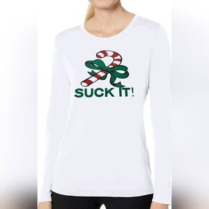 Long sleeve round neck white tshirt (Christmas fun) Suck it! MEDIUM SIZE